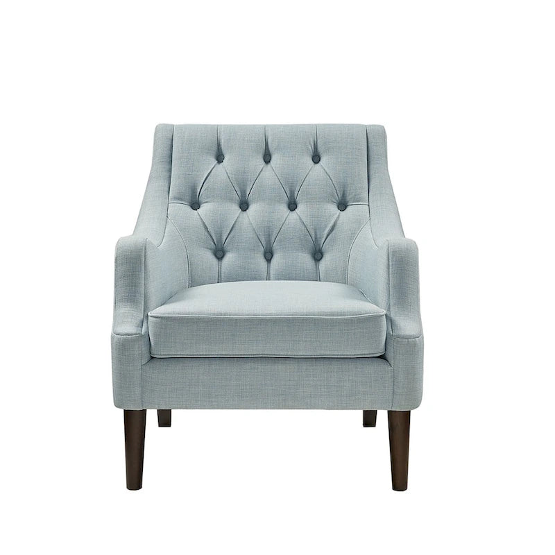 Sillón decorativo moderno con capitoné de botones, brazos redondos y patas de madera
