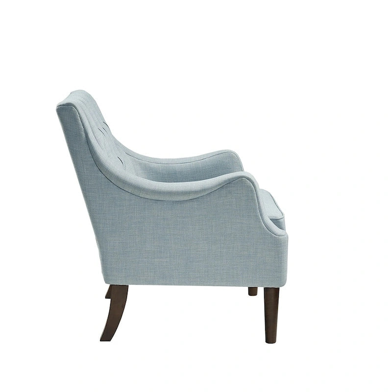 Sillón decorativo moderno con capitoné de botones, brazos redondos y patas de madera
