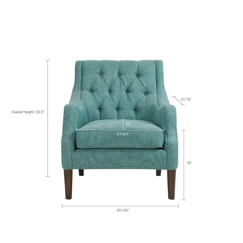 Sillón decorativo moderno con capitoné de botones, brazos redondos y patas de madera