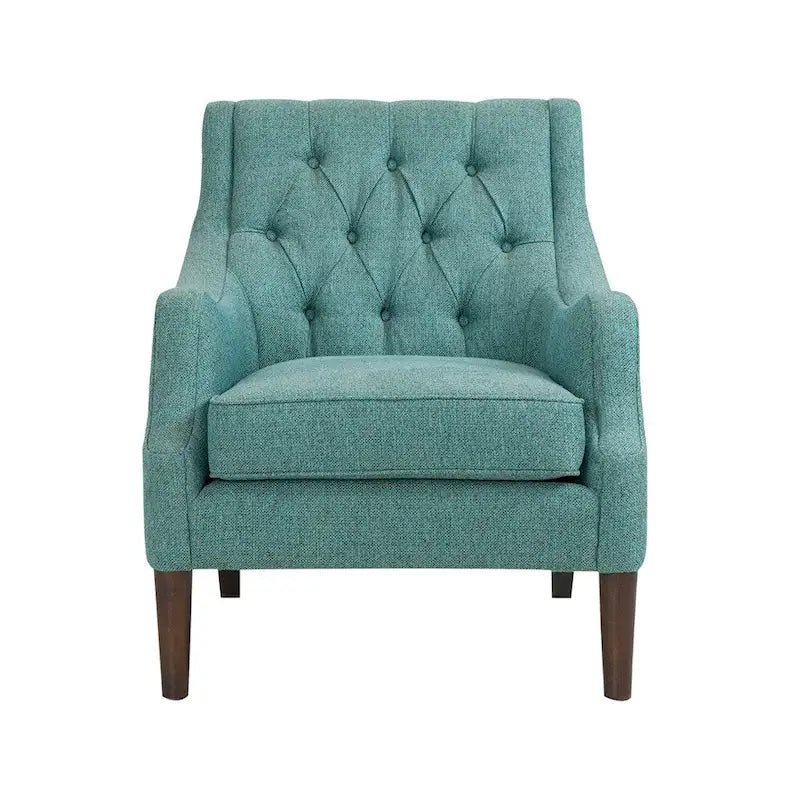 Sillón decorativo moderno con capitoné de botones, brazos redondos y patas de madera