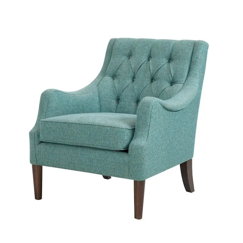Sillón decorativo moderno con capitoné de botones, brazos redondos y patas de madera