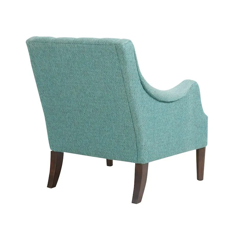 Sillón decorativo moderno con capitoné de botones, brazos redondos y patas de madera