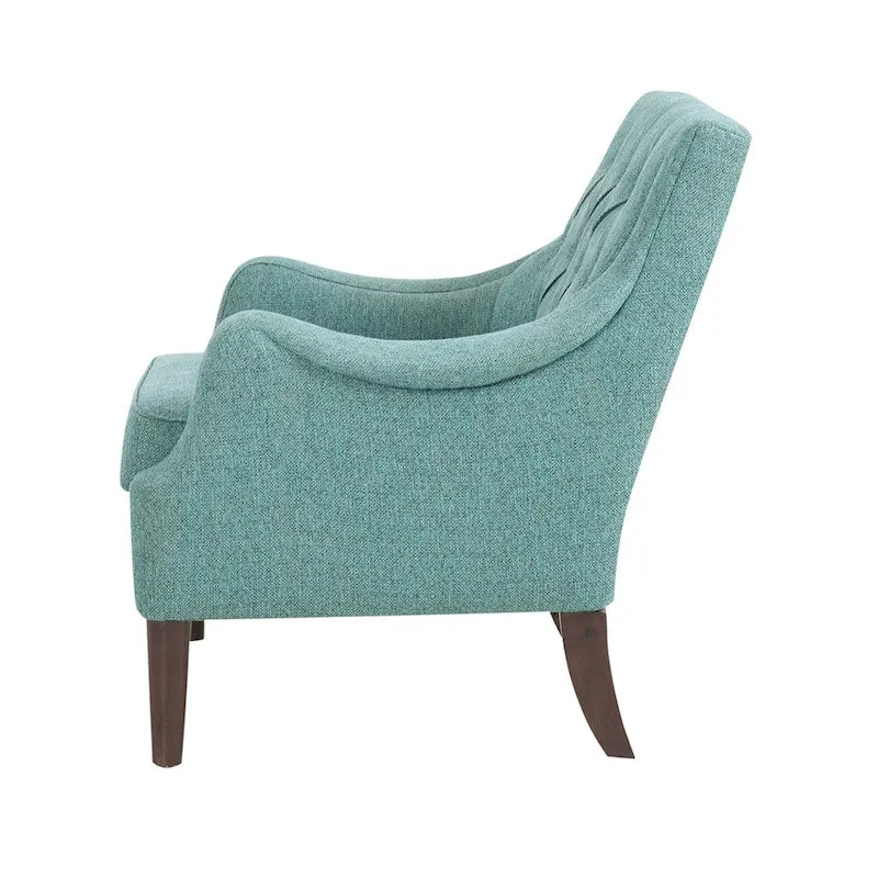 Sillón decorativo moderno con capitoné de botones, brazos redondos y patas de madera