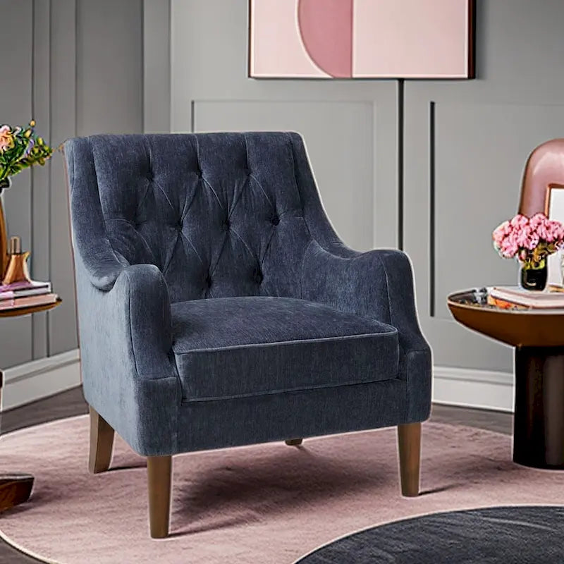 Sillón decorativo moderno con capitoné de botones, brazos redondos y patas de madera
