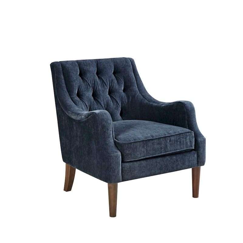 Sillón decorativo moderno con capitoné de botones, brazos redondos y patas de madera