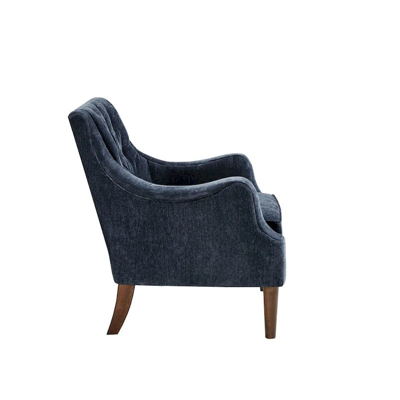 Sillón decorativo moderno con capitoné de botones, brazos redondos y patas de madera
