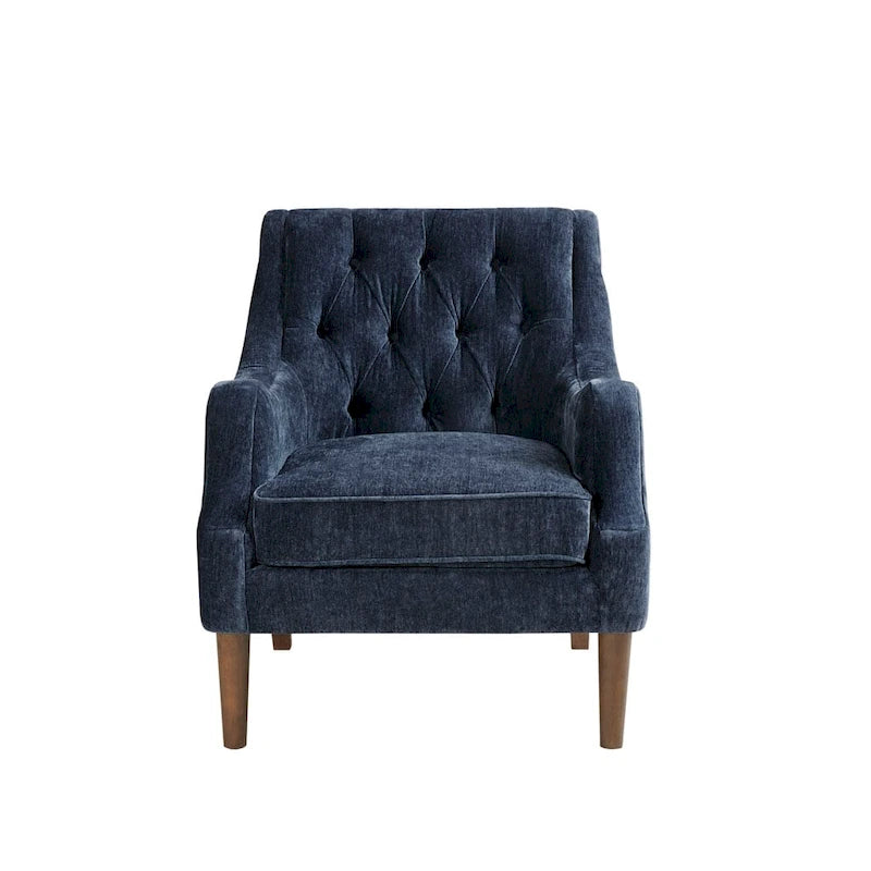 Sillón decorativo moderno con capitoné de botones, brazos redondos y patas de madera