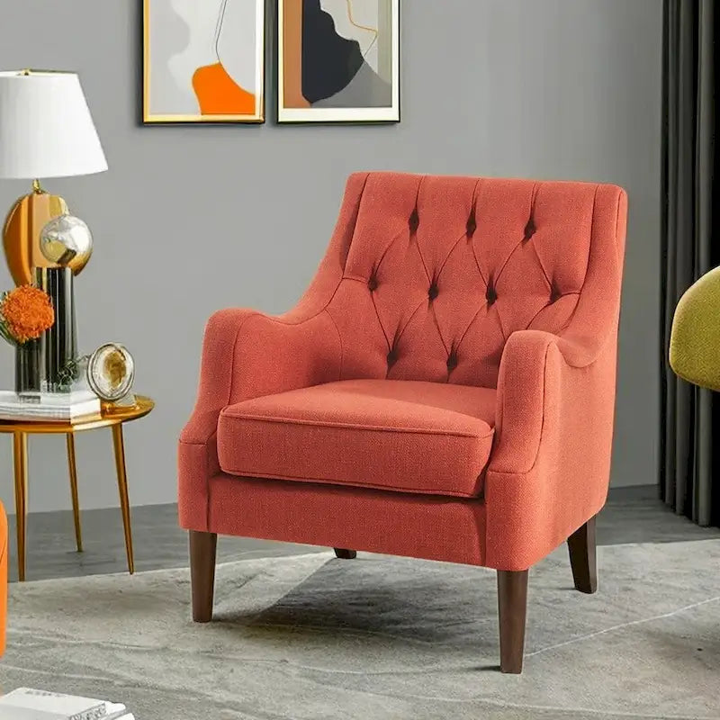 Sillón decorativo moderno con capitoné de botones, brazos redondos y patas de madera
