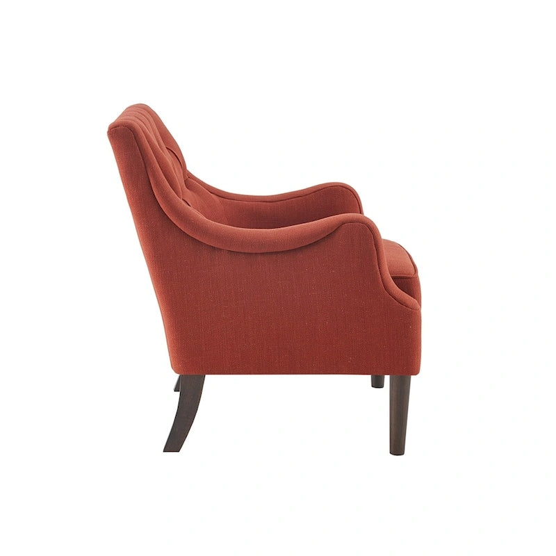 Sillón decorativo moderno con capitoné de botones, brazos redondos y patas de madera
