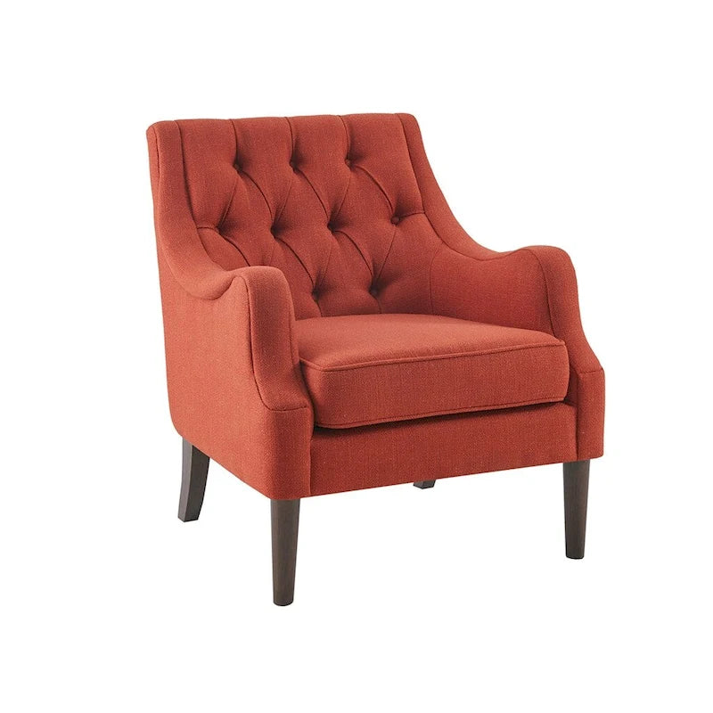 Sillón decorativo moderno con capitoné de botones, brazos redondos y patas de madera