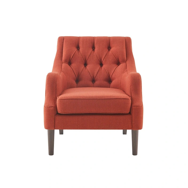 Sillón decorativo moderno con capitoné de botones, brazos redondos y patas de madera