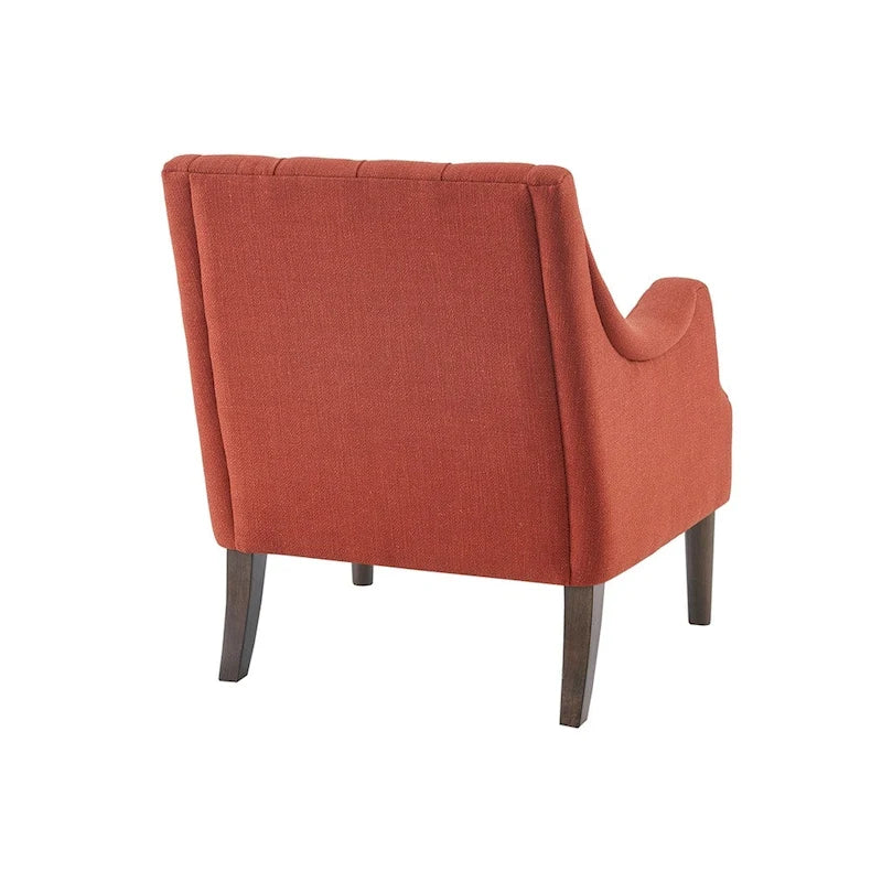 Sillón decorativo moderno con capitoné de botones, brazos redondos y patas de madera