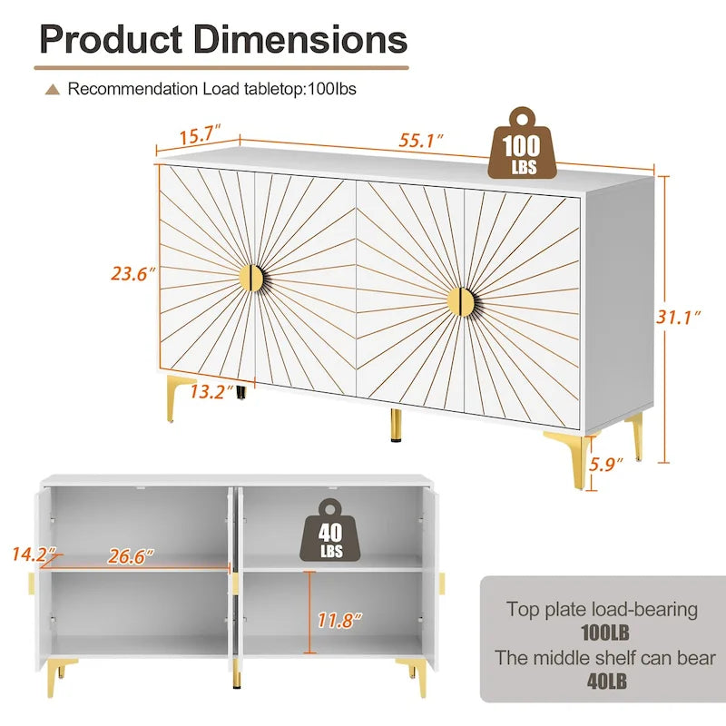 Credenza con quattro ante, vani contenitore e ripiani regolabili
