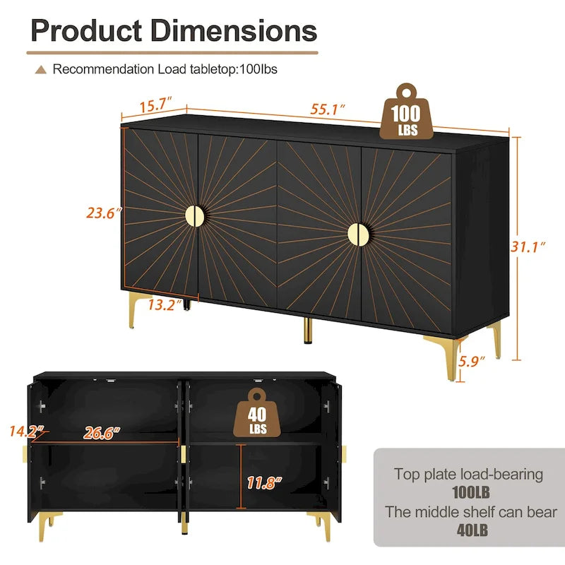Credenza con quattro ante, vani contenitore e ripiani regolabili