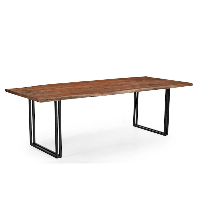 Table à manger en bois massif d’acacia avec pieds en fer noir, marron