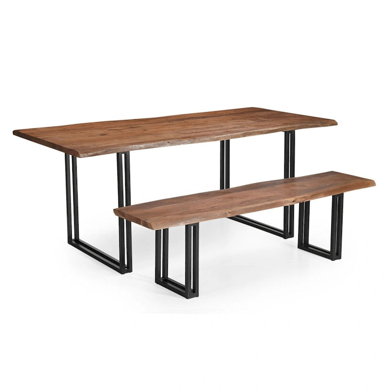 Table à manger en bois massif d’acacia avec pieds en fer noir, marron