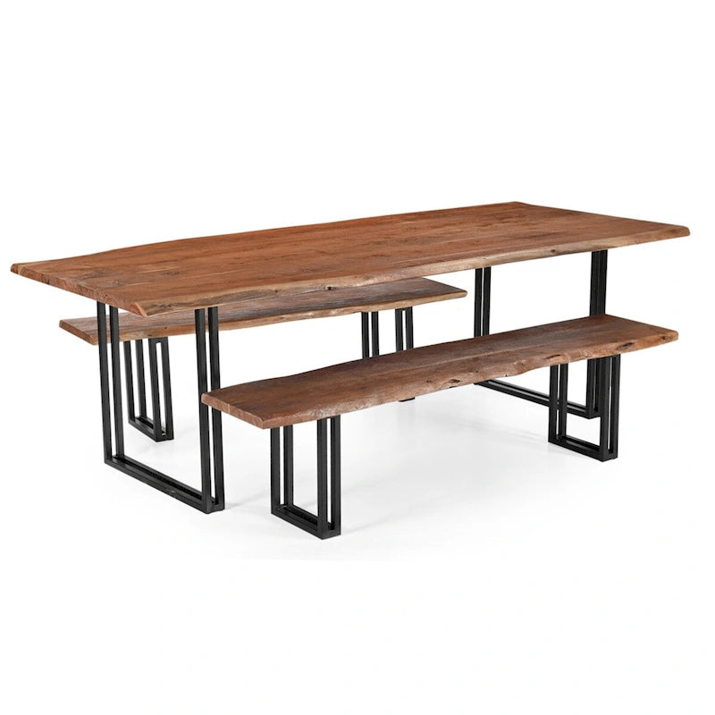 Table à manger en bois massif d’acacia avec pieds en fer noir, marron