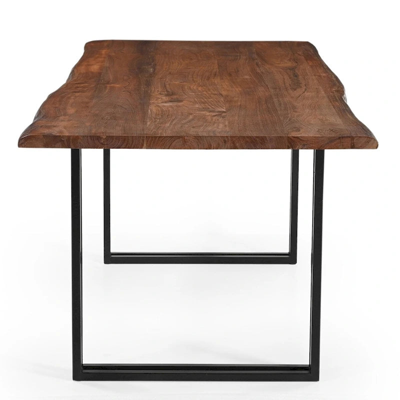 Table à manger en bois massif d’acacia avec pieds en fer noir, marron