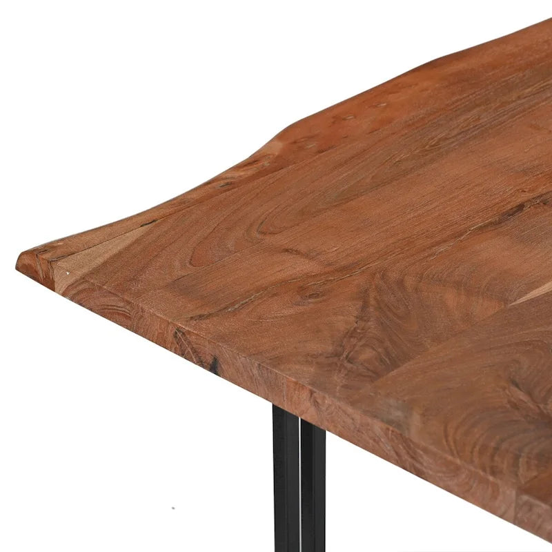 Table à manger en bois massif d’acacia avec pieds en fer noir, marron