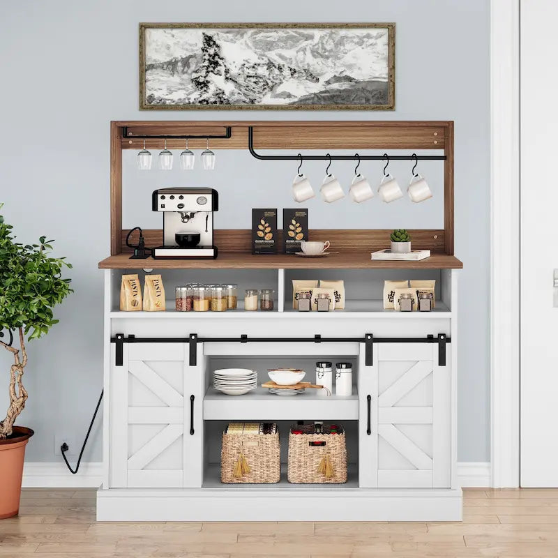 Farmhouse Sliding Barn Door Coffee Bar Cabinet Sideboard Buffet with Power Outlets