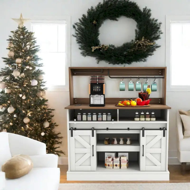 Farmhouse Sliding Barn Door Coffee Bar Cabinet Sideboard Buffet with Power Outlets
