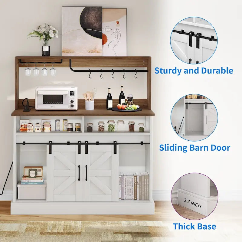 Farmhouse Sliding Barn Door Coffee Bar Cabinet Sideboard Buffet with Power Outlets