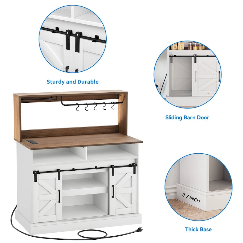 Farmhouse Sliding Barn Door Coffee Bar Cabinet Sideboard Buffet with Power Outlets