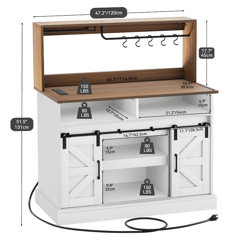 Farmhouse Sliding Barn Door Coffee Bar Cabinet Sideboard Buffet with Power Outlets