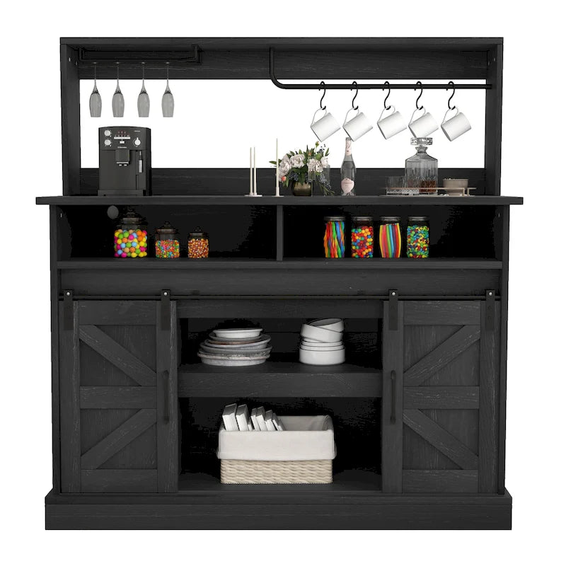 Farmhouse Sliding Barn Door Coffee Bar Cabinet Sideboard Buffet with Power Outlets