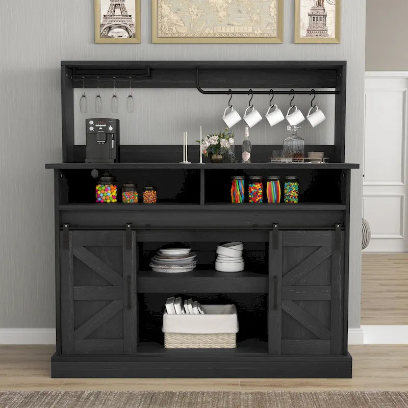 Farmhouse Sliding Barn Door Coffee Bar Cabinet Sideboard Buffet with Power Outlets