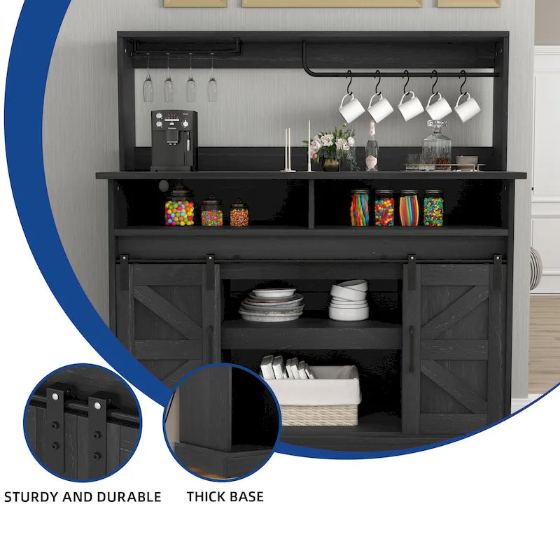 Farmhouse Sliding Barn Door Coffee Bar Cabinet Sideboard Buffet with Power Outlets