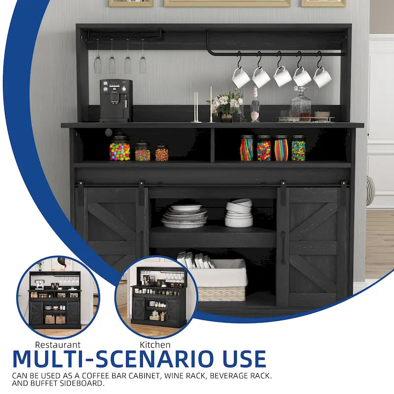 Farmhouse Sliding Barn Door Coffee Bar Cabinet Sideboard Buffet with Power Outlets