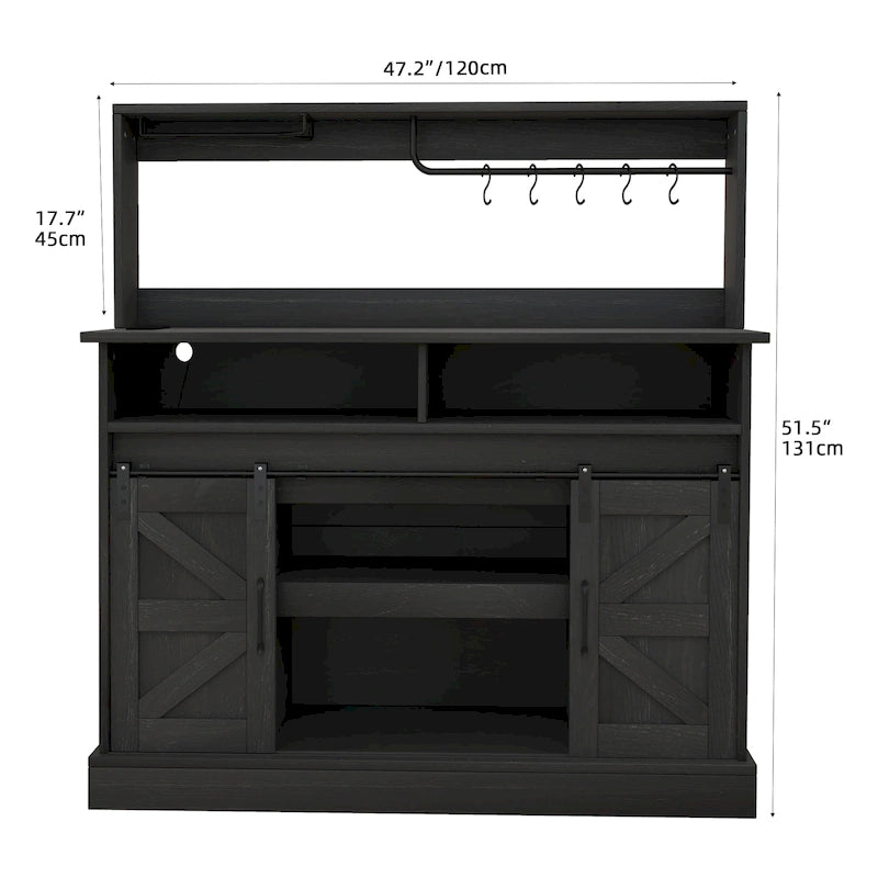 Farmhouse Sliding Barn Door Coffee Bar Cabinet Sideboard Buffet with Power Outlets