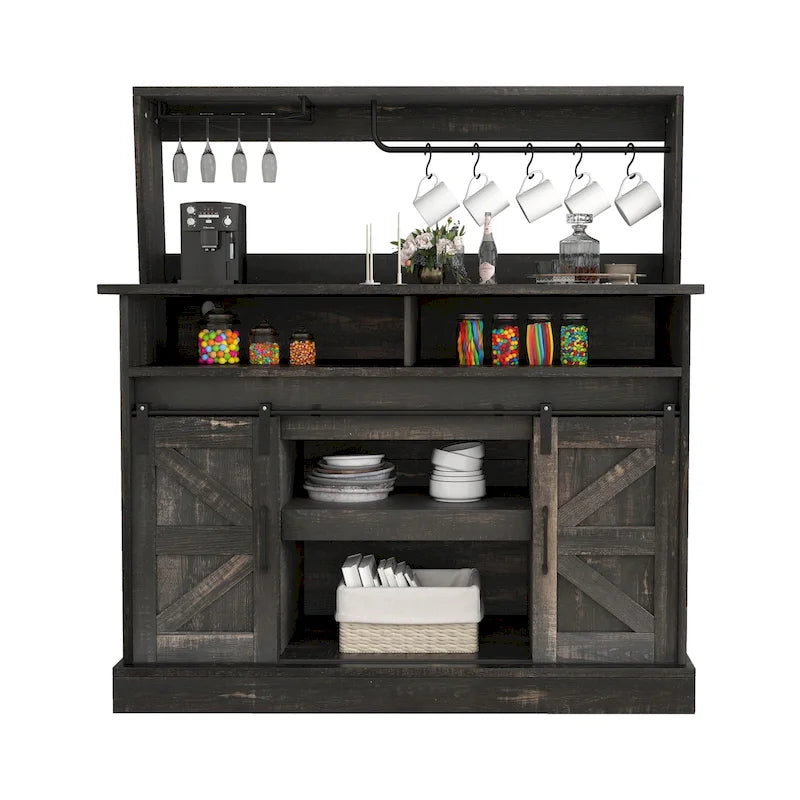 Farmhouse Sliding Barn Door Coffee Bar Cabinet Sideboard Buffet with Power Outlets