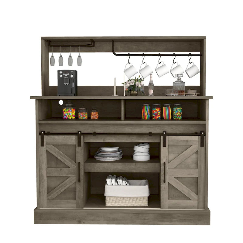 Farmhouse Sliding Barn Door Coffee Bar Cabinet Sideboard Buffet with Power Outlets