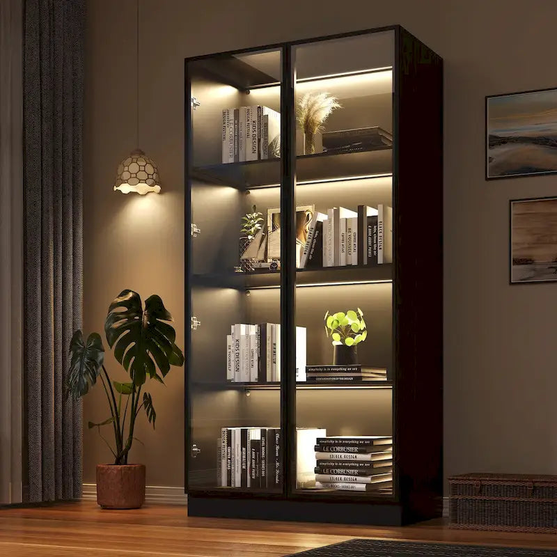 Vitrina de almacenamiento con puertas de vidrio templado y estantes LED de 4 niveles
