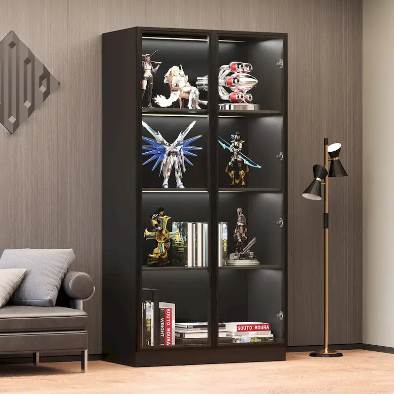 Vitrine de rangement avec portes en verre trempé et étagères LED à 4 niveaux