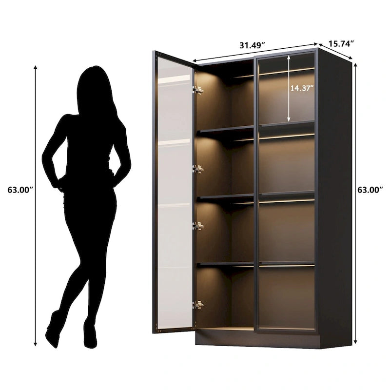 Vitrina de almacenamiento con puertas de vidrio templado y estantes LED de 4 niveles