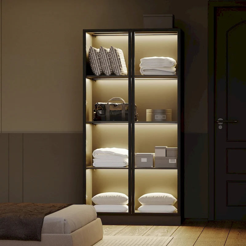 Vitrina de almacenamiento con puertas de vidrio templado y estantes LED de 4 niveles