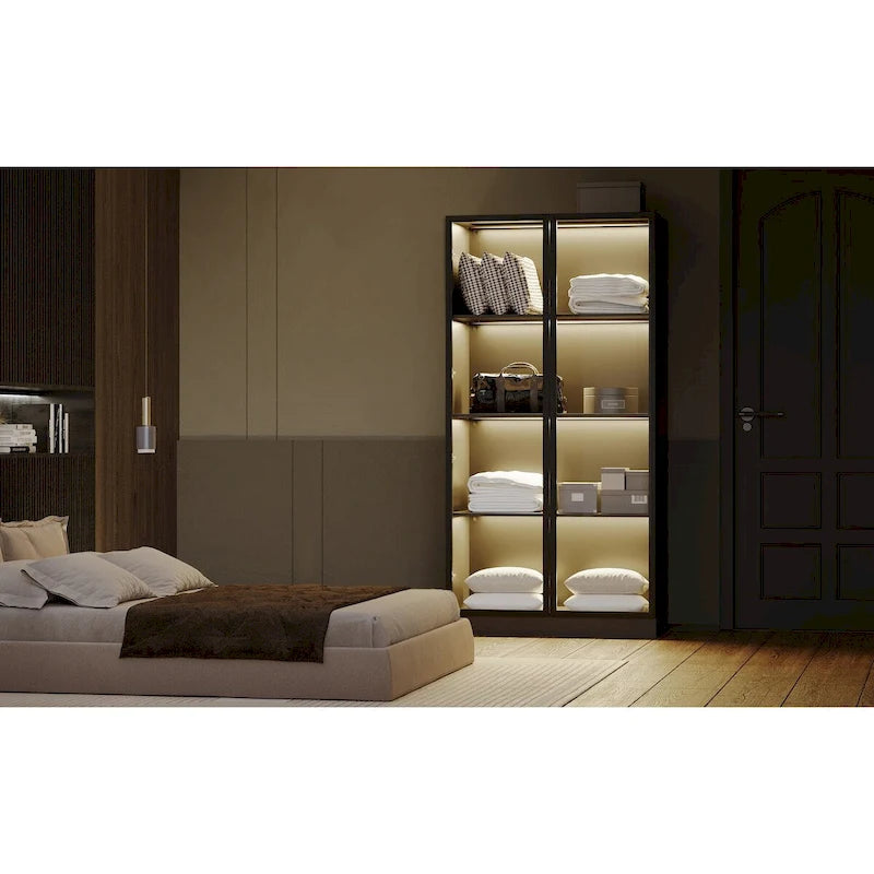 Vitrina de almacenamiento con puertas de vidrio templado y estantes LED de 4 niveles