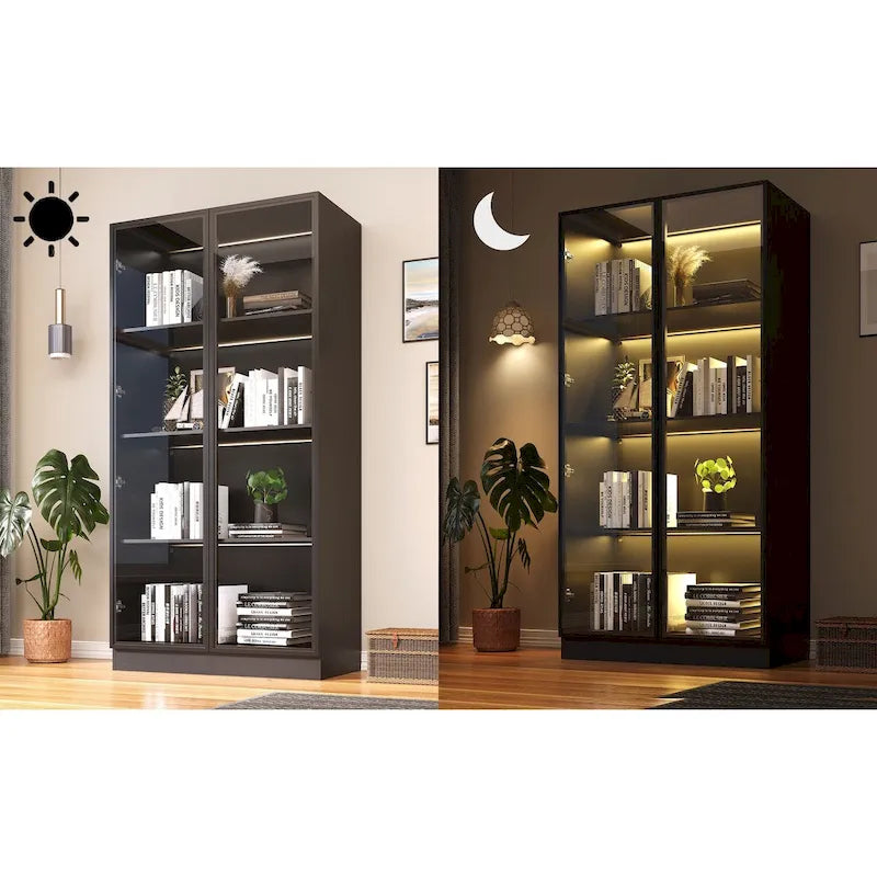 Vitrine de rangement avec portes en verre trempé et étagères LED à 4 niveaux