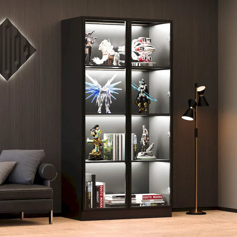 Vitrine de rangement avec portes en verre trempé et étagères LED à 4 niveaux