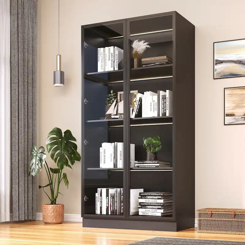 Vitrine de rangement avec portes en verre trempé et étagères LED à 4 niveaux