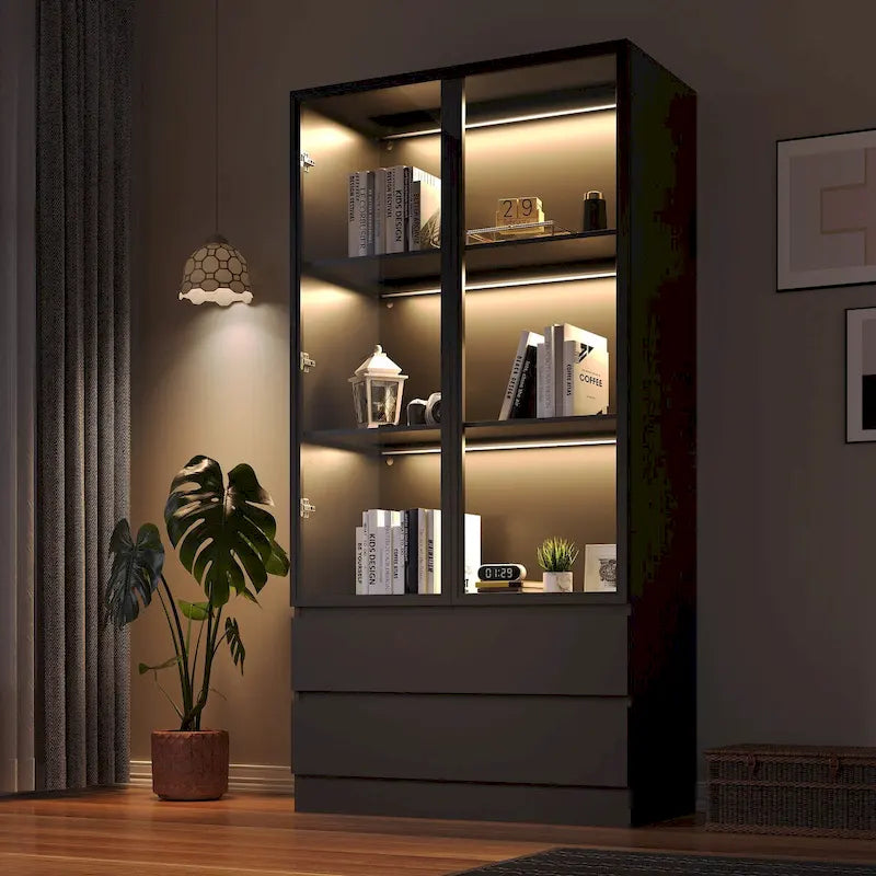 Vitrine de rangement avec portes en verre trempé et étagères LED à 4 niveaux