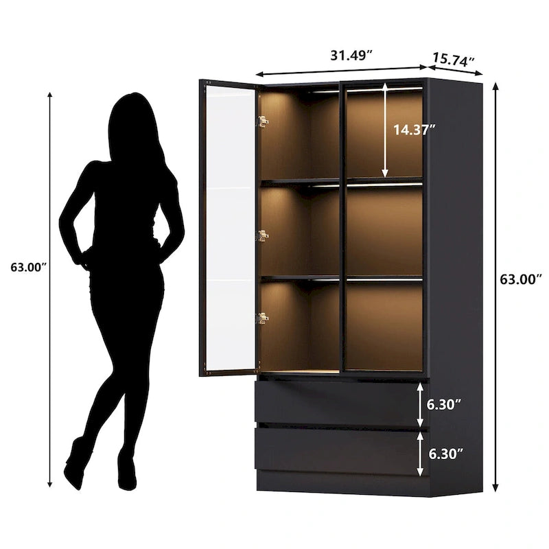 Vitrine de rangement avec portes en verre trempé et étagères LED à 4 niveaux