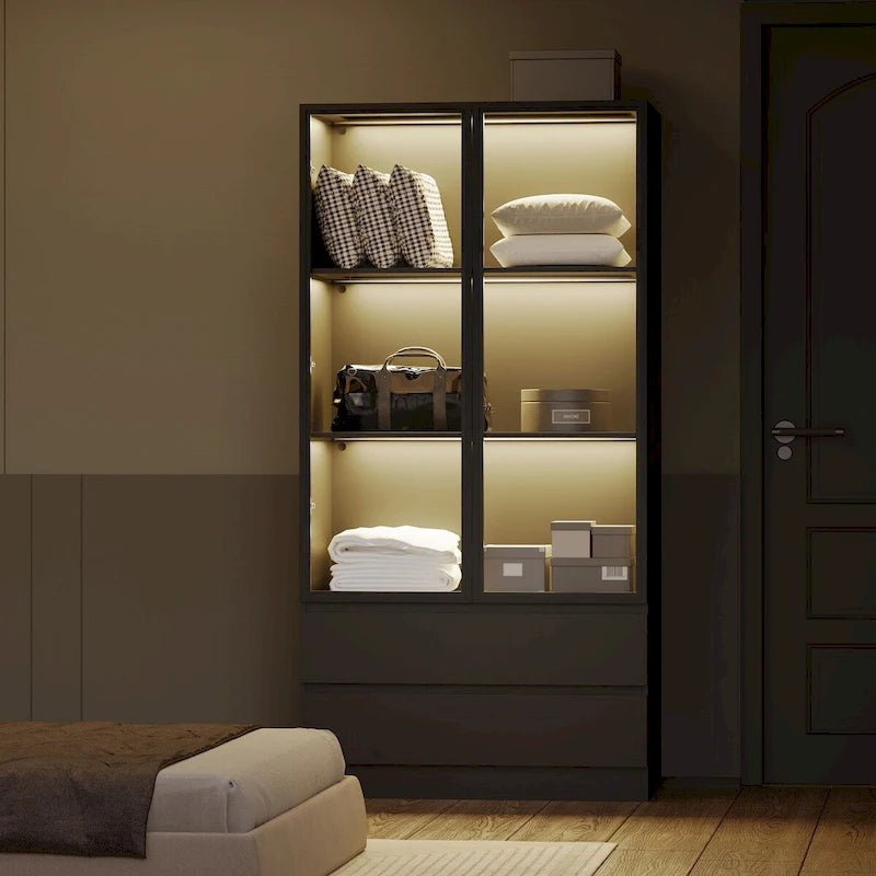 Vitrine de rangement avec portes en verre trempé et étagères LED à 4 niveaux