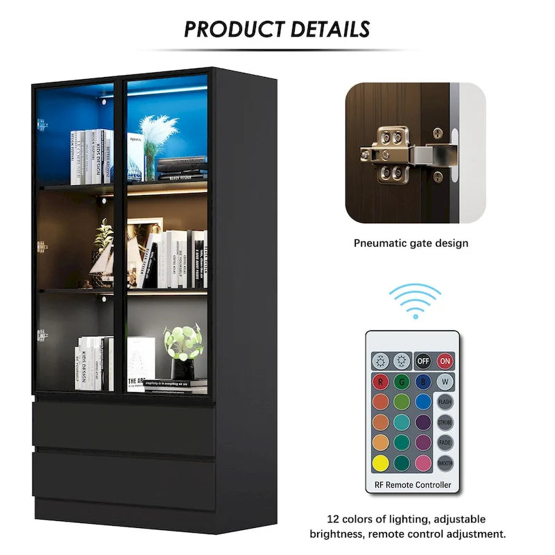 Vitrine de rangement avec portes en verre trempé et étagères LED à 4 niveaux