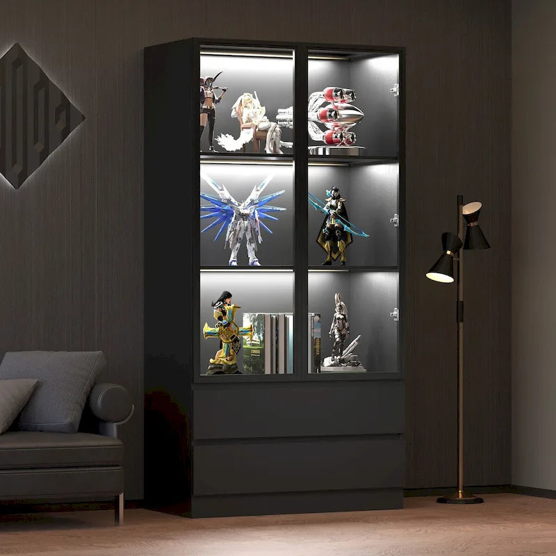 Vitrine de rangement avec portes en verre trempé et étagères LED à 4 niveaux