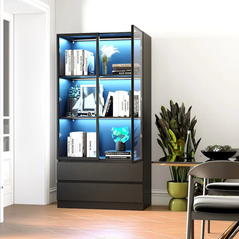 Vitrine de rangement avec portes en verre trempé et étagères LED à 4 niveaux
