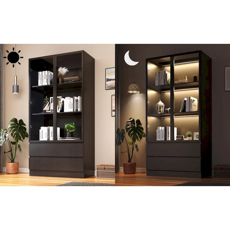 Vitrine de rangement avec portes en verre trempé et étagères LED à 4 niveaux